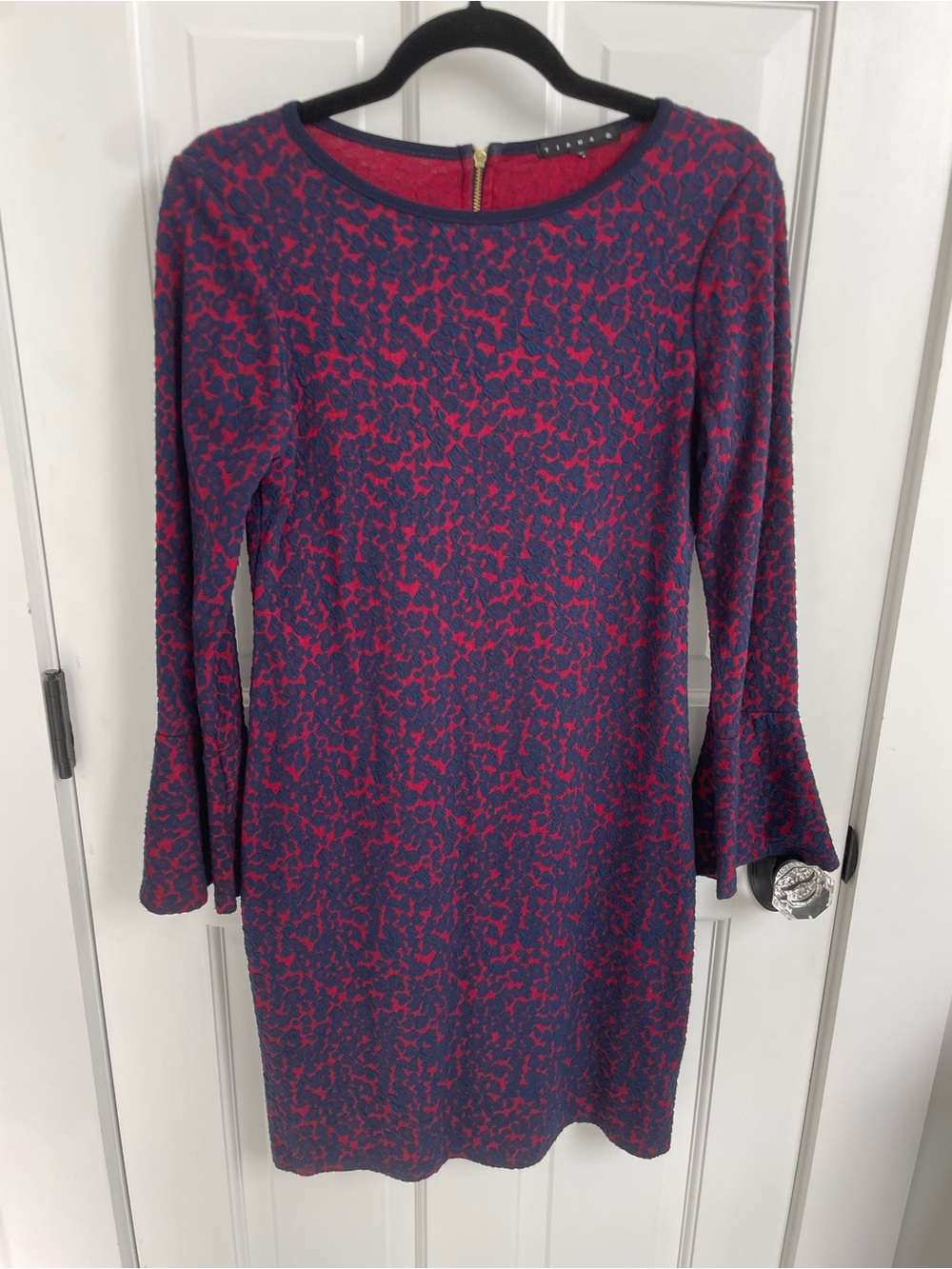Long-Sleeve Navy and Pink Patterned Shift Dress